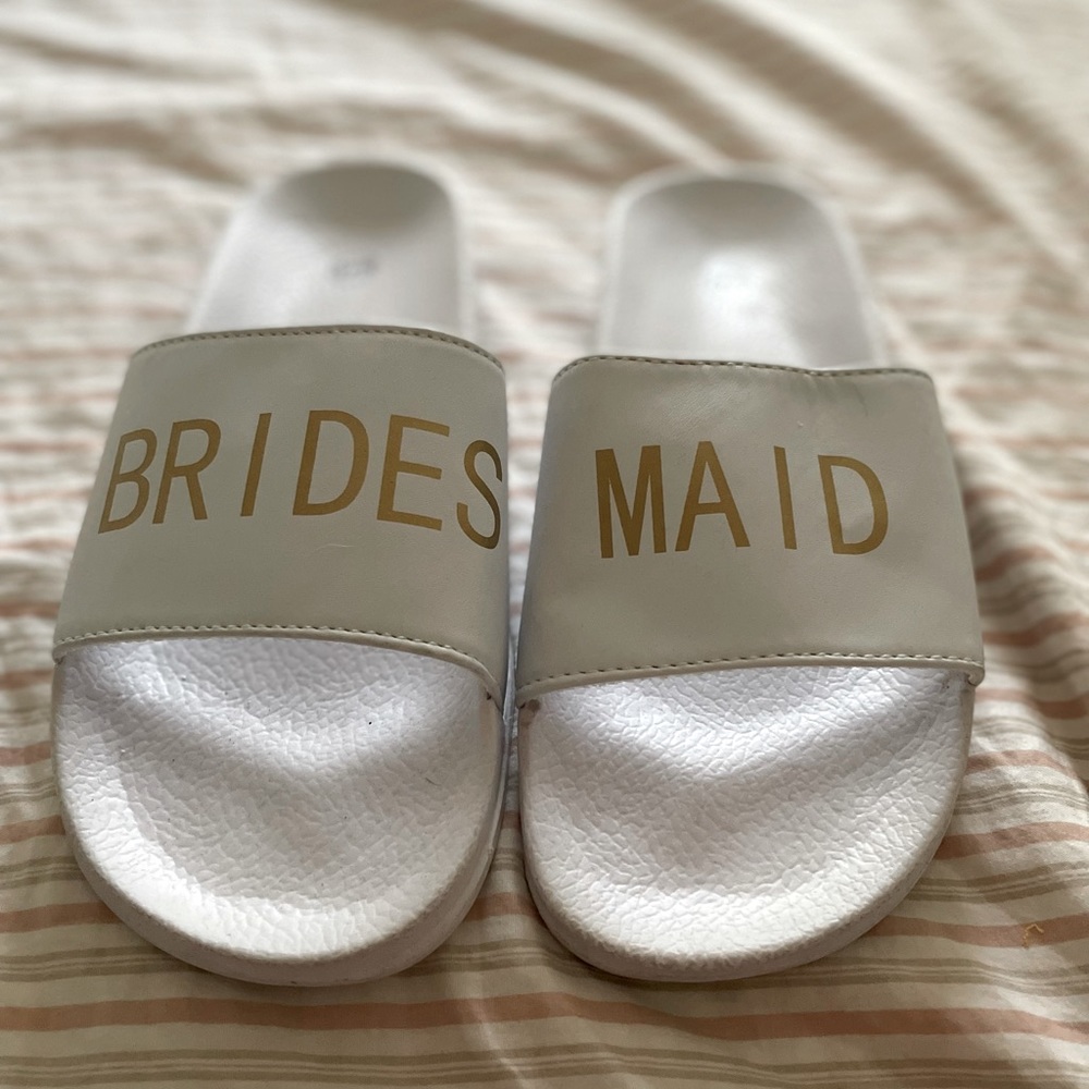 Boohoo White Slides with Gold Printed Text
